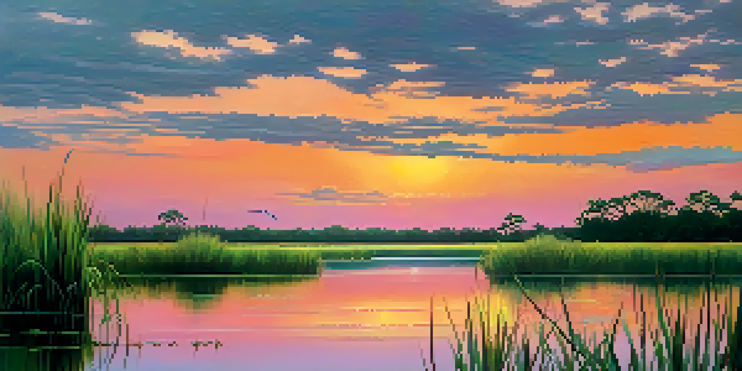 A picturesque sunset over Louisiana's wetlands, with colorful skies and lush vegetation, depicting a peaceful ecosystem.