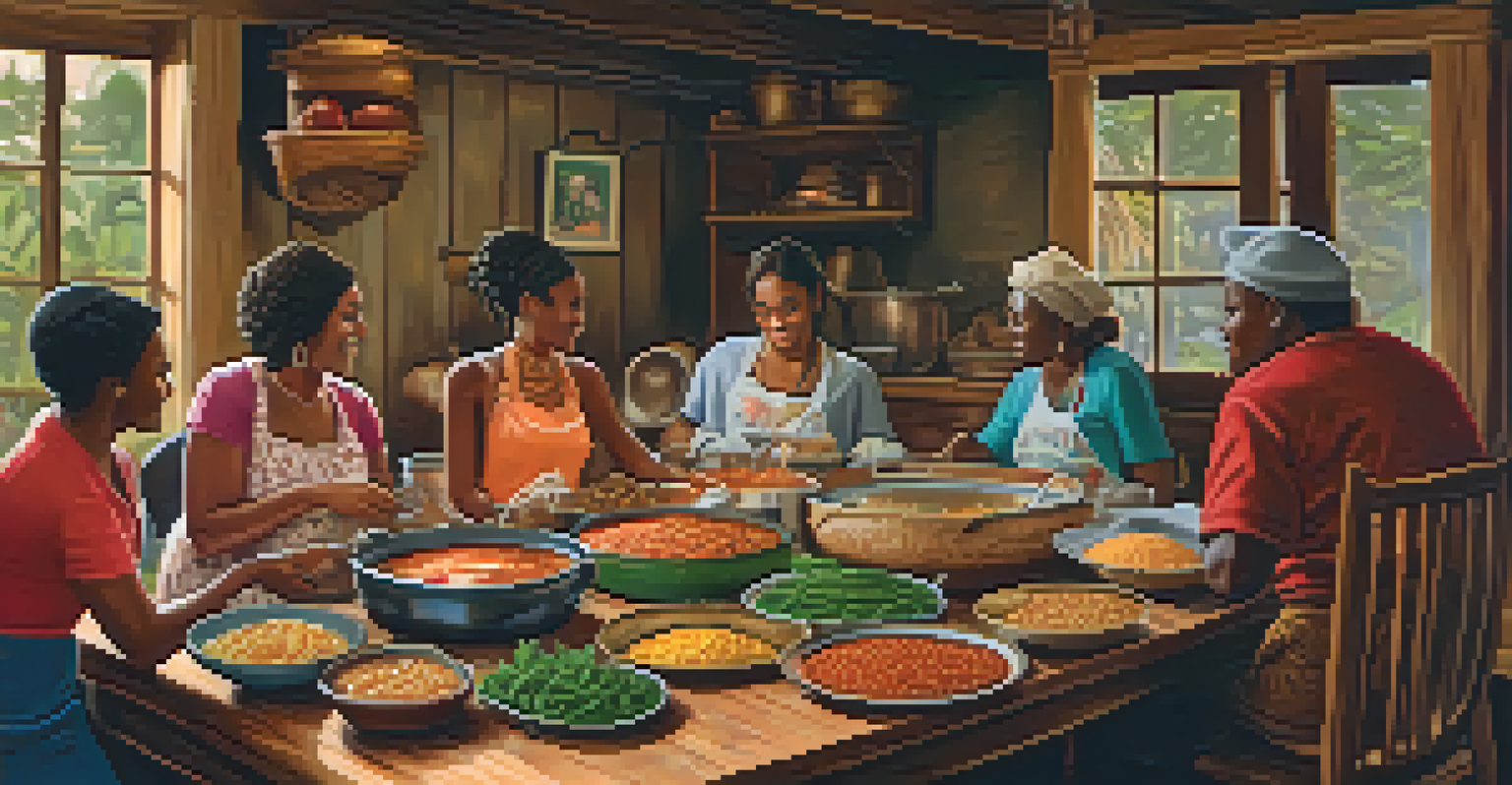 A family gathering in a Creole home preparing traditional dishes, with spices and fresh ingredients on a wooden table.
