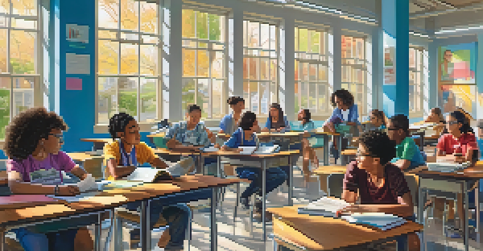 A diverse classroom where students collaborate and share ideas, with sunlight streaming in and a teacher facilitating the discussion.