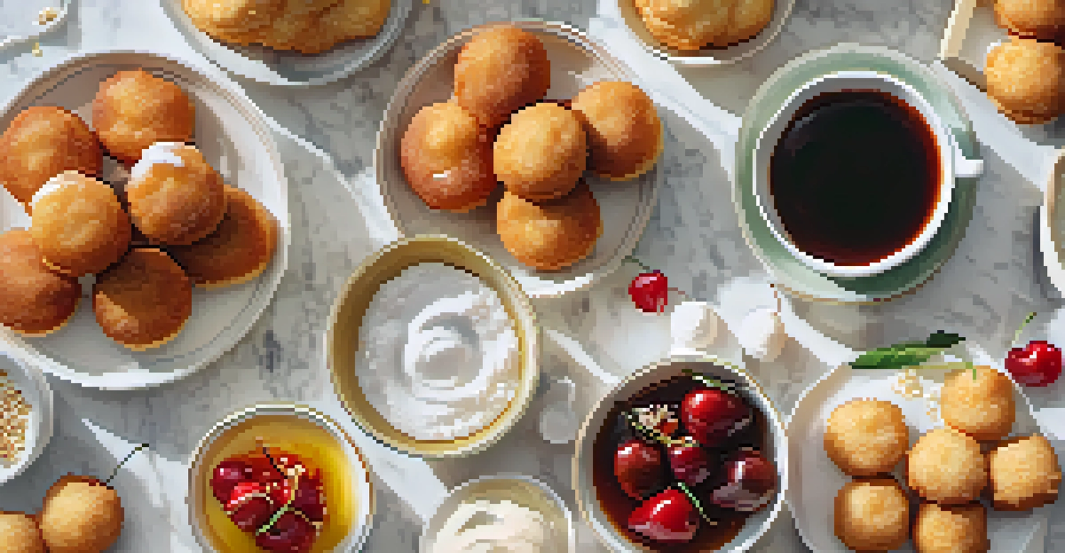 A flat lay of different types of beignets from around the world, beautifully arranged with sauces.