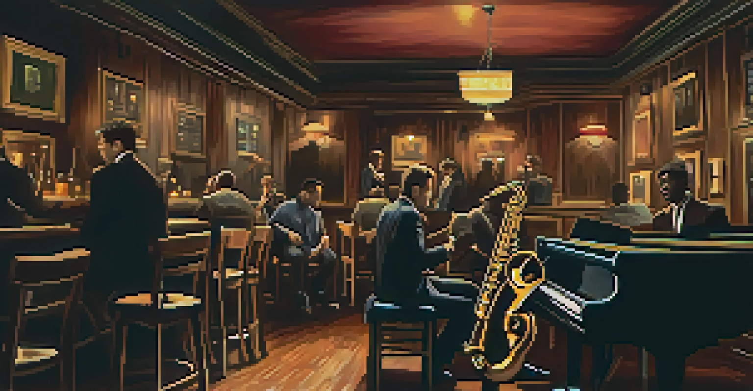 A cozy jazz club with a saxophonist performing under dim lighting, surrounded by captivated audience and rich wooden textures.