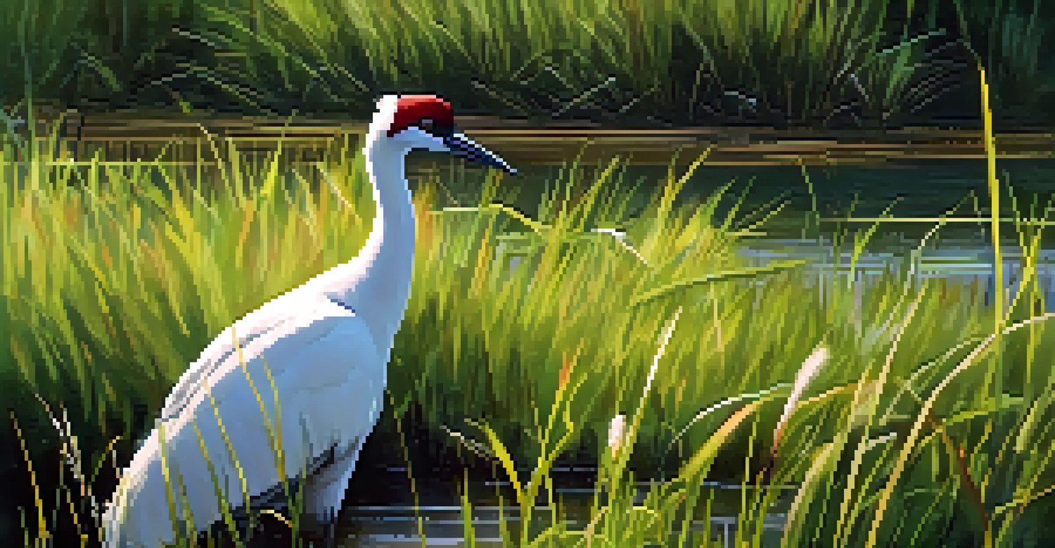 A close-up of a whooping crane in a wetland habitat, surrounded by green marsh grasses and wildflowers, illuminated by soft sunlight.