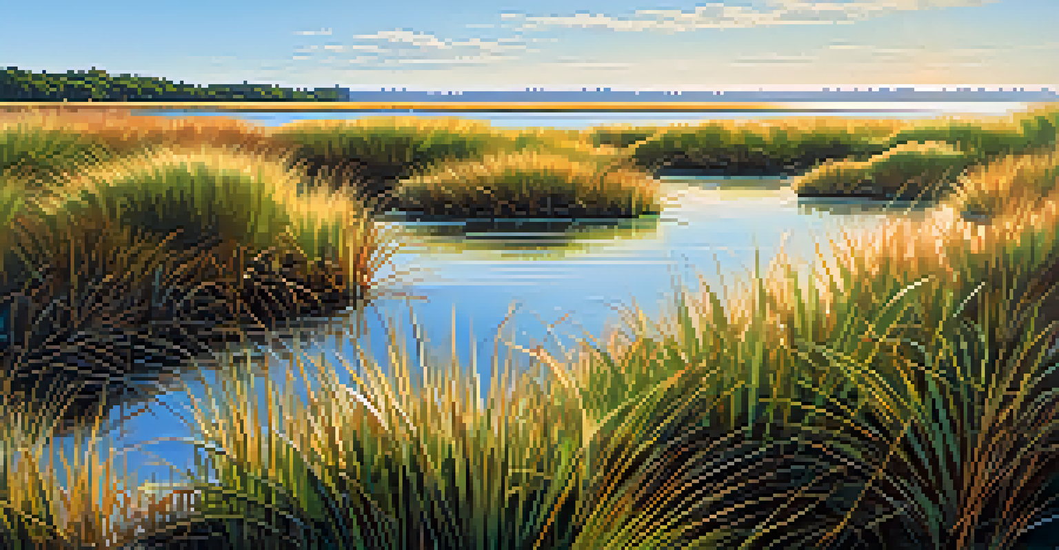 A coastal marsh with cordgrass and shorebirds under a clear blue sky.