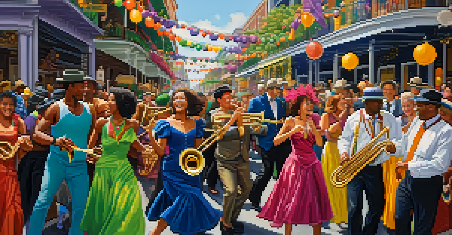 A vibrant street scene during Mardi Gras with people dancing and musicians playing jazz music, surrounded by colorful decorations.