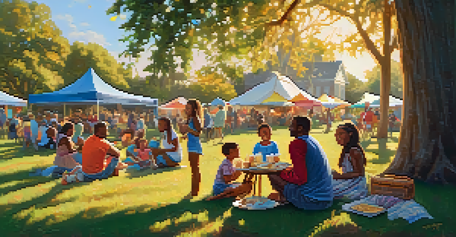 A family sitting on the grass at a festival, enjoying Louisiana food with children playing in a warm and inviting atmosphere.