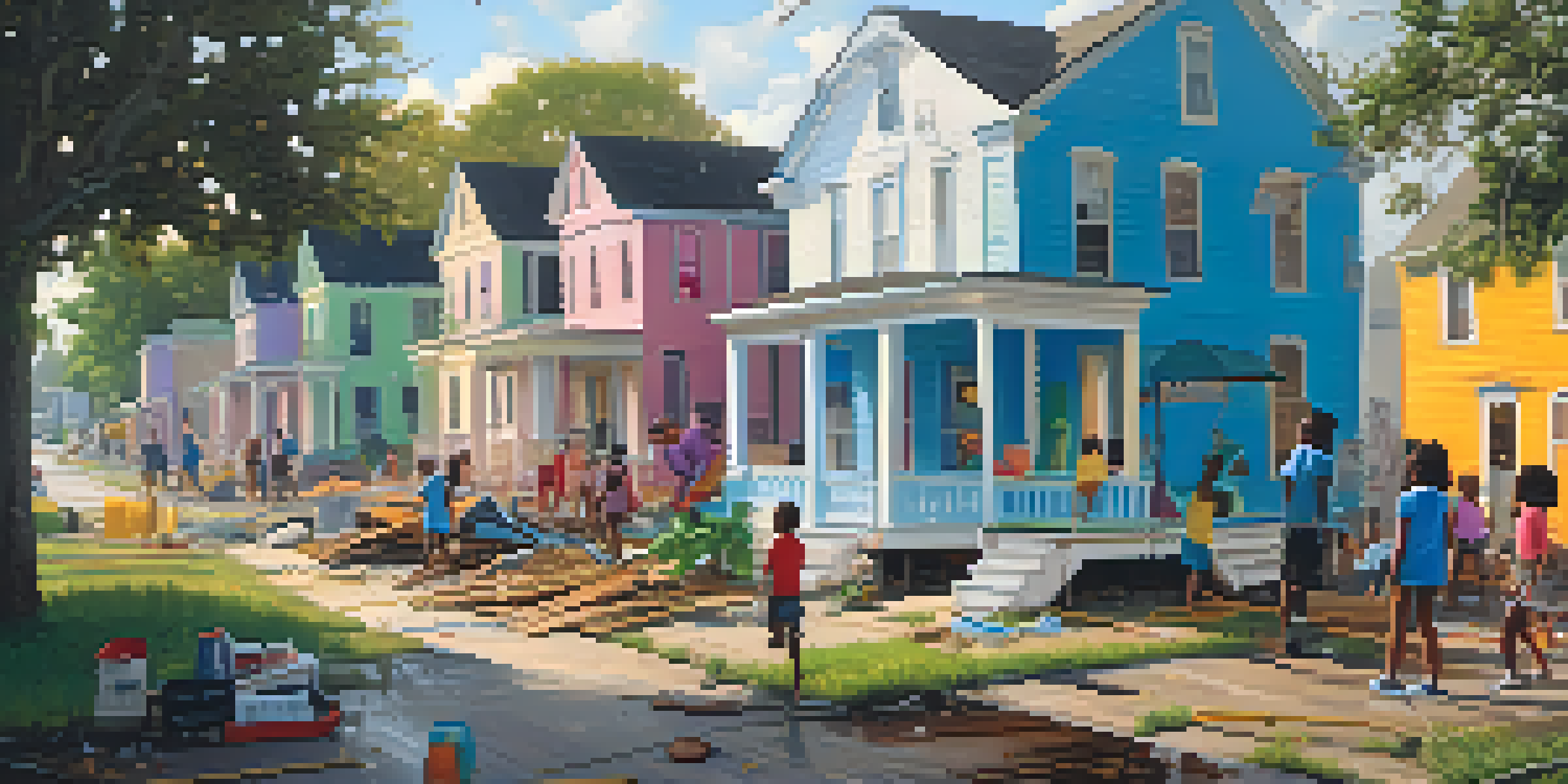A vibrant neighborhood in Louisiana with community members helping each other after a hurricane, featuring colorful houses and soft sunlight.