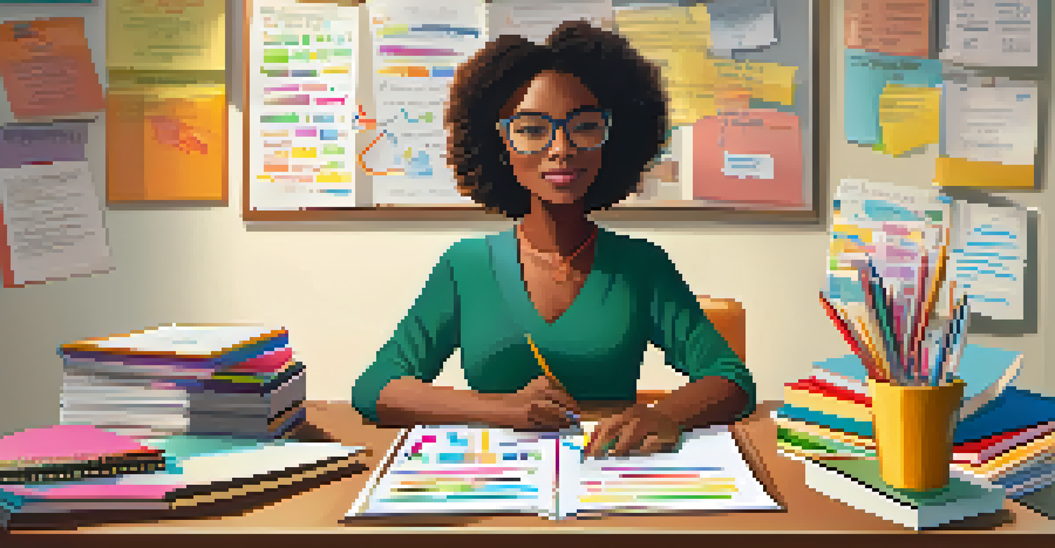 A teacher grading assignments at her desk, with colorful pens and a motivational poster in the background, showcasing dedication.