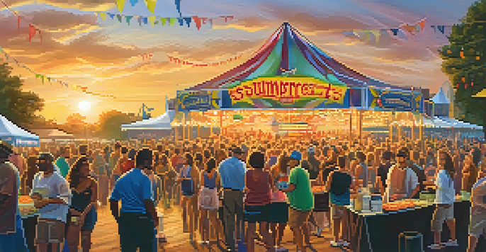 A lively festival scene with a crowd enjoying music and Cajun food in Baton Rouge, Louisiana, during sunset.