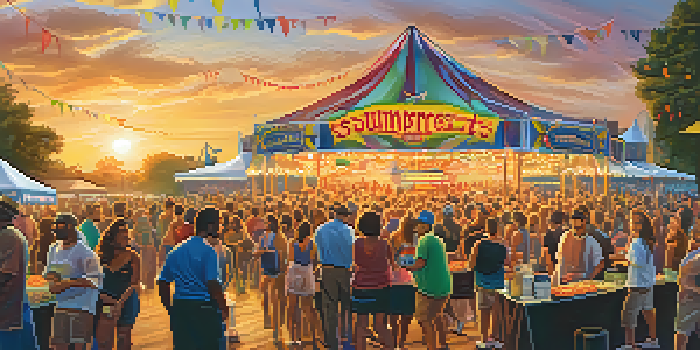 A lively festival scene with a crowd enjoying music and Cajun food in Baton Rouge, Louisiana, during sunset.