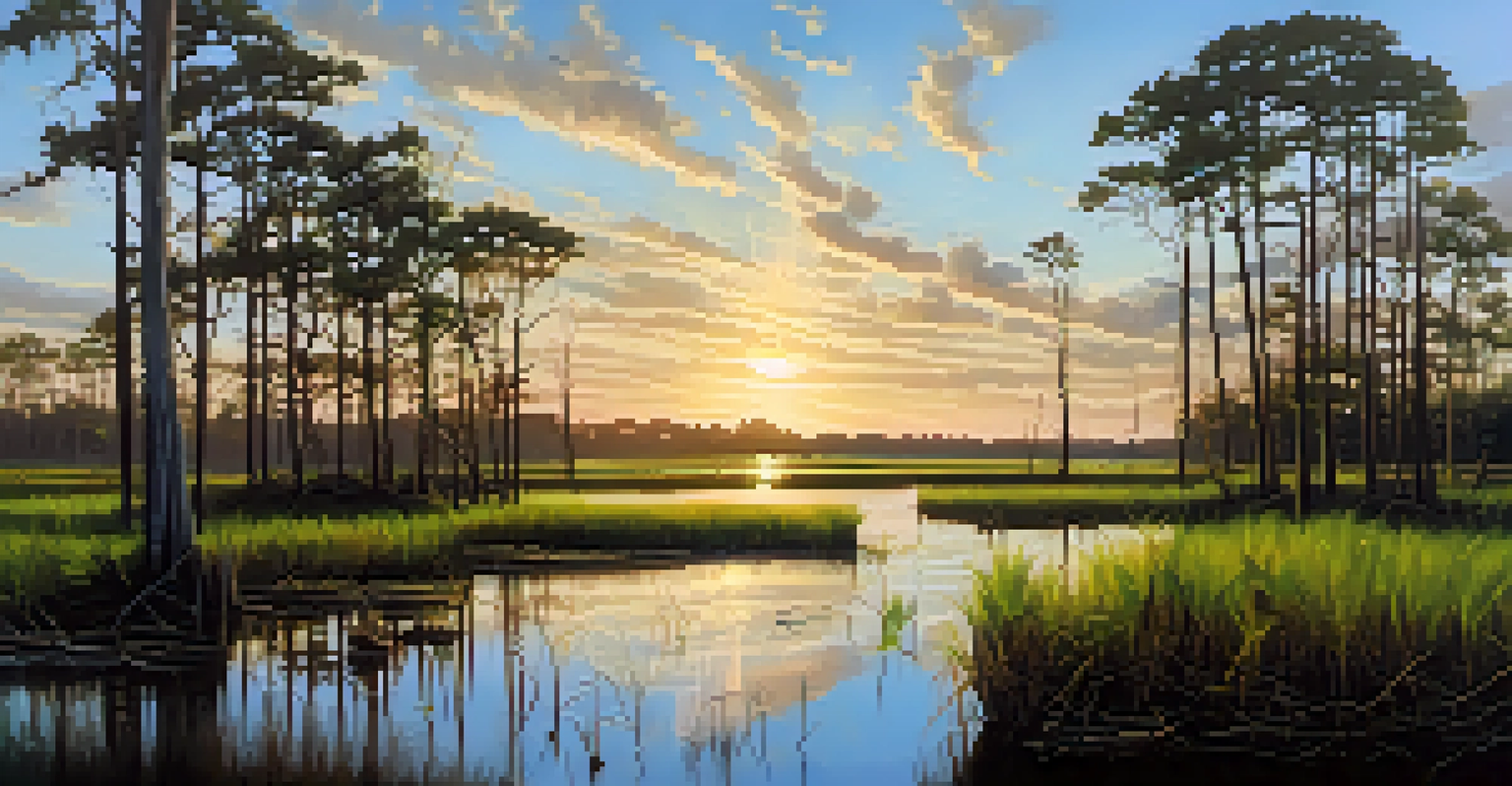 Wetlands in Louisiana after a hurricane, with submerged trees and wildlife returning under a clear sky.
