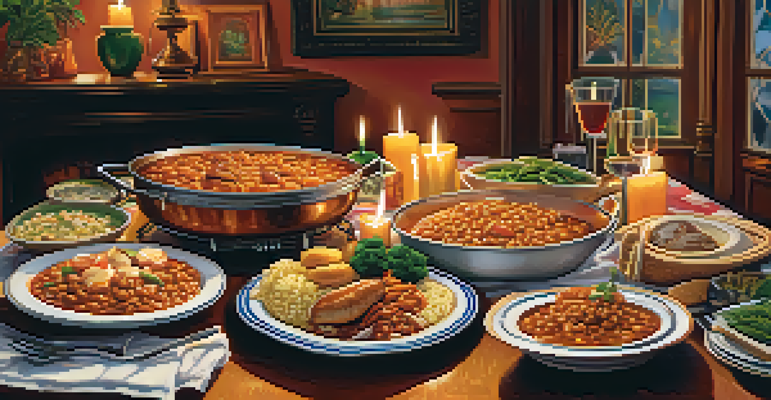 A dining table filled with traditional Cajun and Creole dishes, set in a warm and inviting atmosphere.