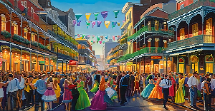 A lively Mardi Gras celebration in the French Quarter, with colorful costumes and decorations, historic buildings, and crowds enjoying the festivities.