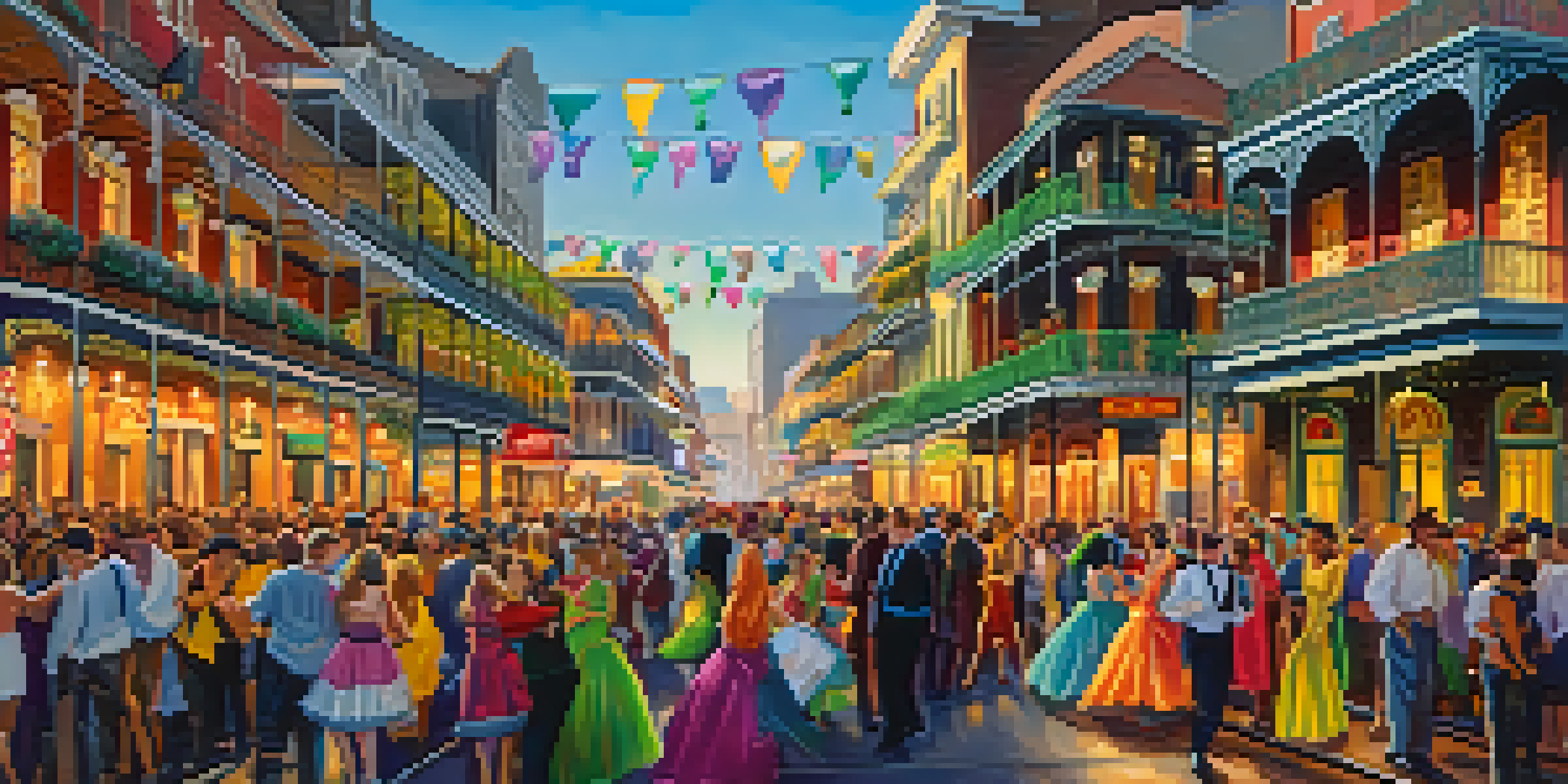 A lively Mardi Gras celebration in the French Quarter, with colorful costumes and decorations, historic buildings, and crowds enjoying the festivities.