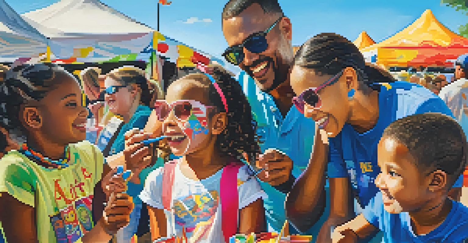 A family with children having their faces painted at a festival, surrounded by art installations and activities.