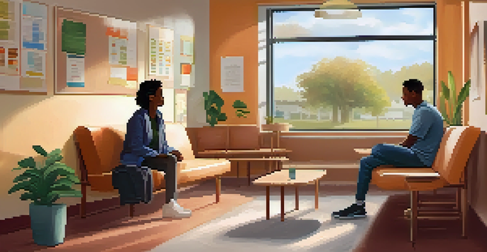 A school counseling space designed for mental health support, with a calming atmosphere and a counselor speaking with a student.