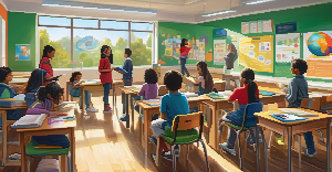 A lively classroom with students using interactive whiteboards and educational apps, illuminated by sunlight.