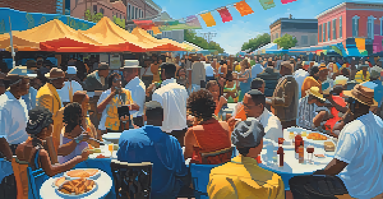 A diverse crowd at Jazz Fest in New Orleans, enjoying music and food, surrounded by colorful banners and a bright blue sky.
