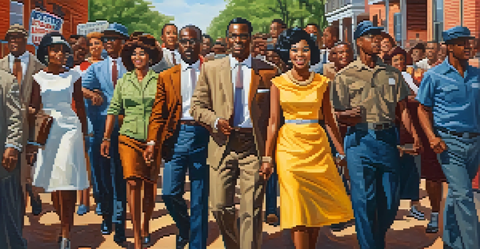 A group of African American activists in the 1960s rallying for voting rights in a Louisiana town, showing determination and hope.