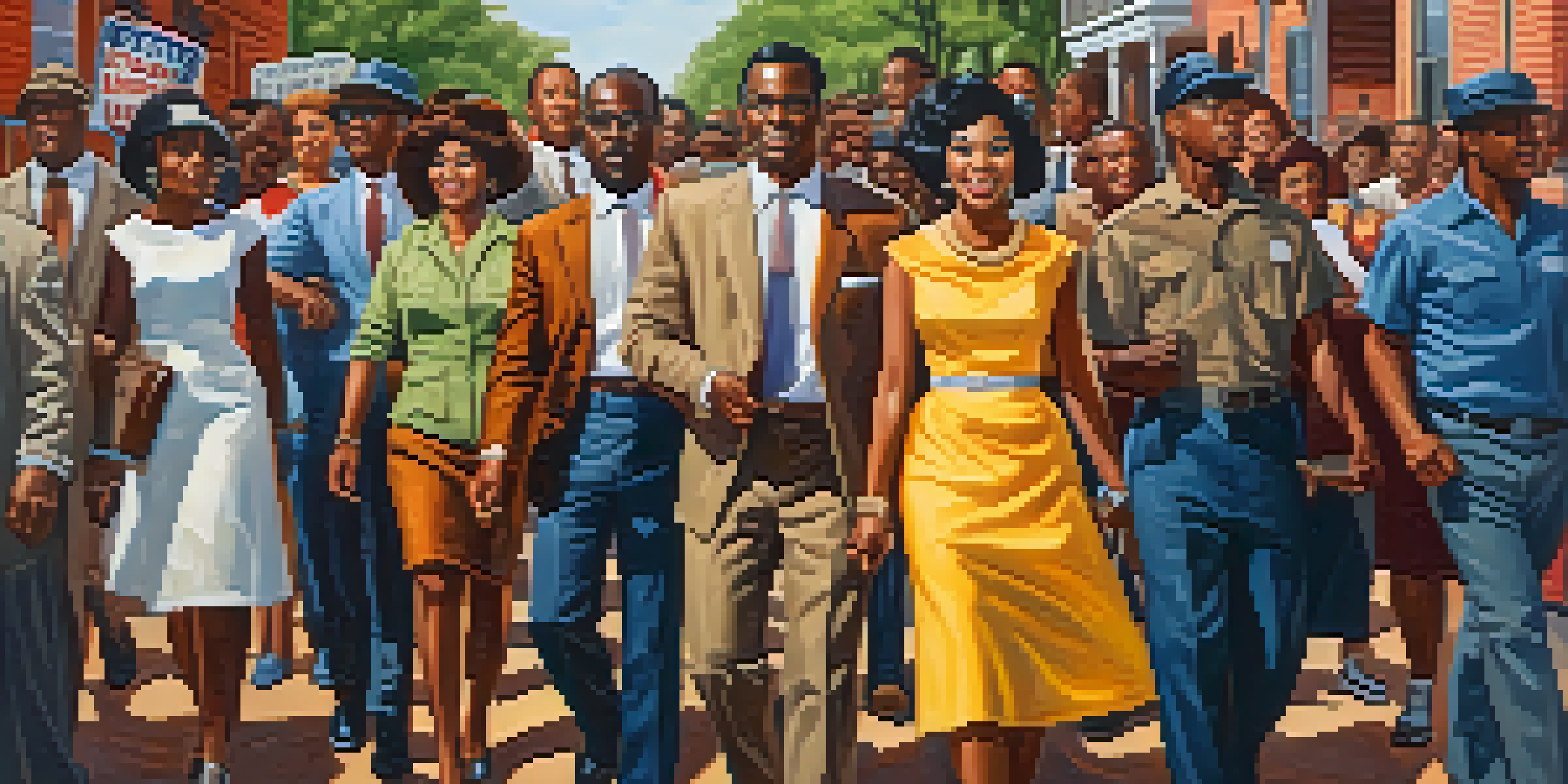 A group of African American activists in the 1960s rallying for voting rights in a Louisiana town, showing determination and hope.