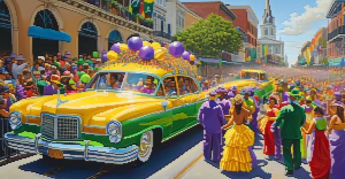 A festive Mardi Gras parade with colorful floats and crowds in New Orleans, featuring people in masks and costumes.