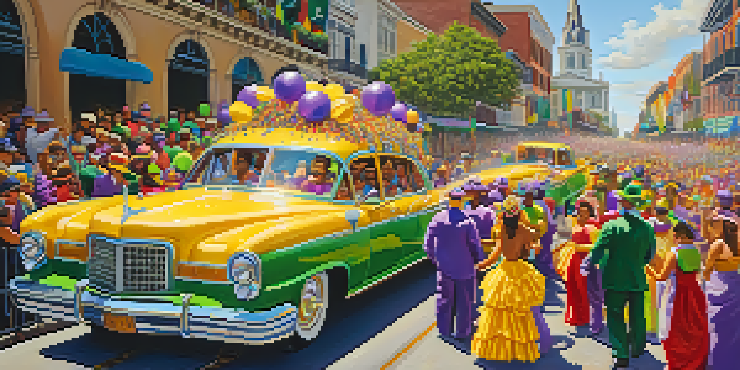 A festive Mardi Gras parade with colorful floats and crowds in New Orleans, featuring people in masks and costumes.