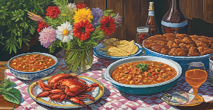A wooden table filled with various Cajun and Creole dishes, surrounded by flowers and a checkered tablecloth, illuminated by warm light.