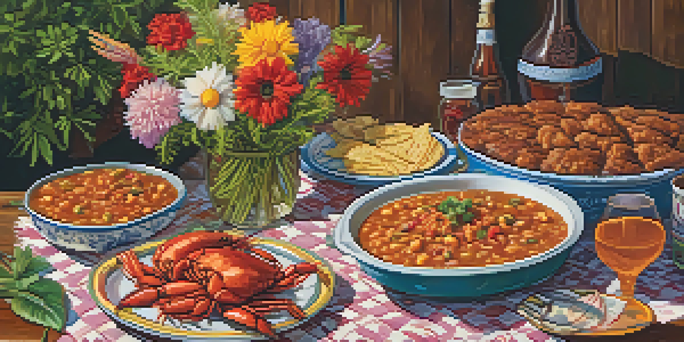 A wooden table filled with various Cajun and Creole dishes, surrounded by flowers and a checkered tablecloth, illuminated by warm light.