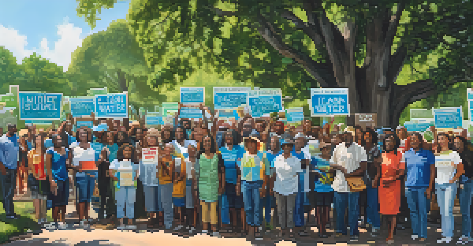 A diverse group of people in Louisiana advocating for environmental justice with banners and signs, set against a sunny backdrop.