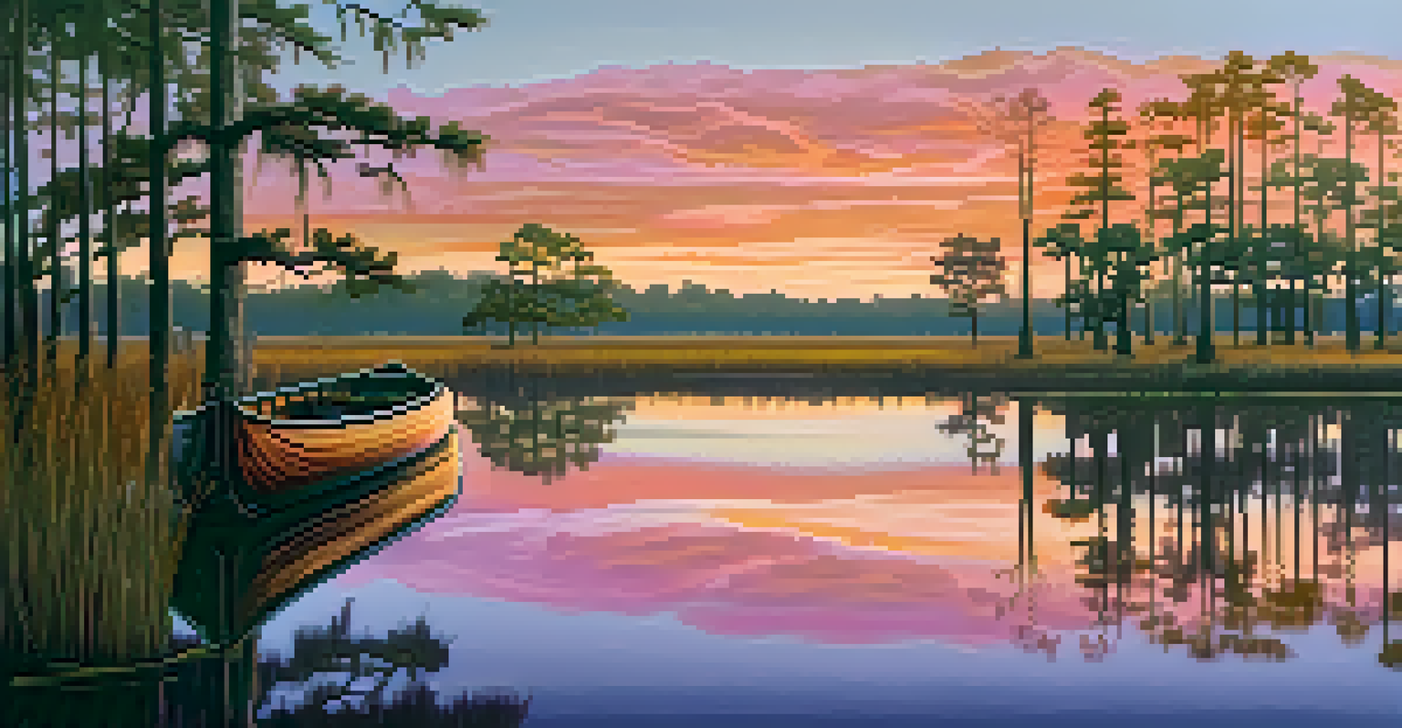A peaceful Louisiana bayou scene at sunset with cypress trees and a wooden canoe, reflecting vibrant colors in the calm water.
