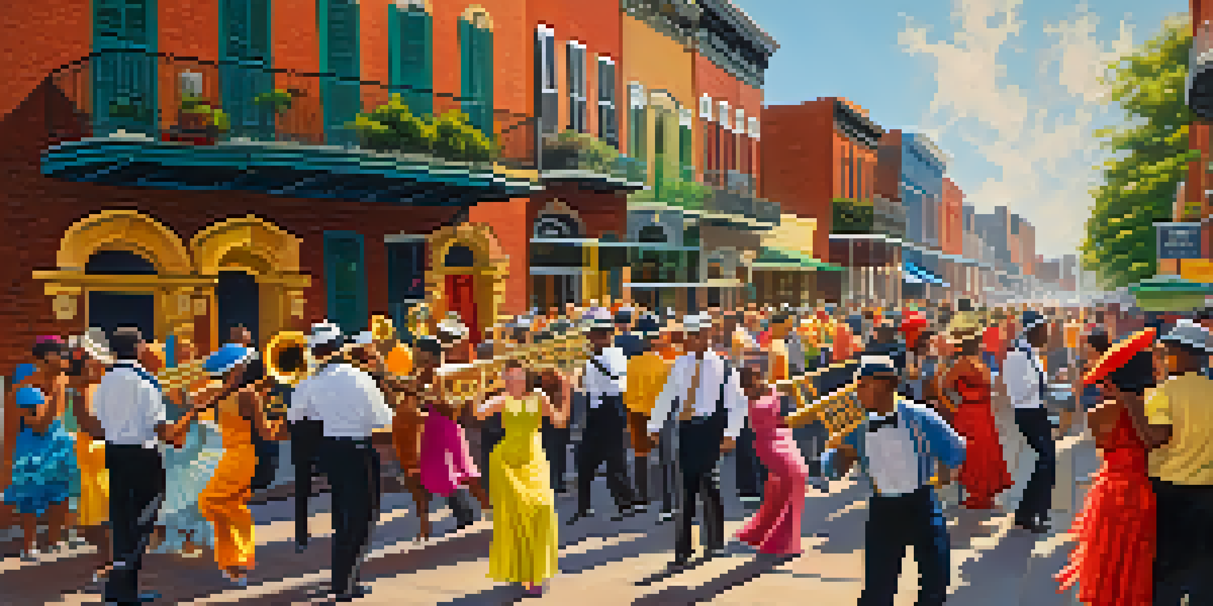A lively street scene in New Orleans jazz festival with musicians, colorful floats, and dancers under warm sunlight.