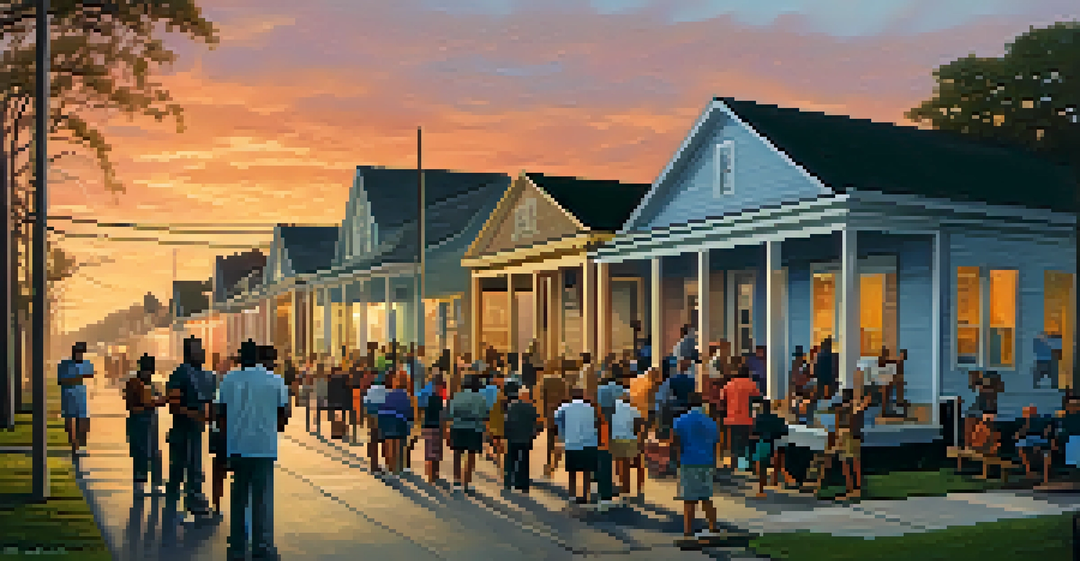 Residents of a Louisiana neighborhood working together to prepare for a hurricane, with warm sunset colors.