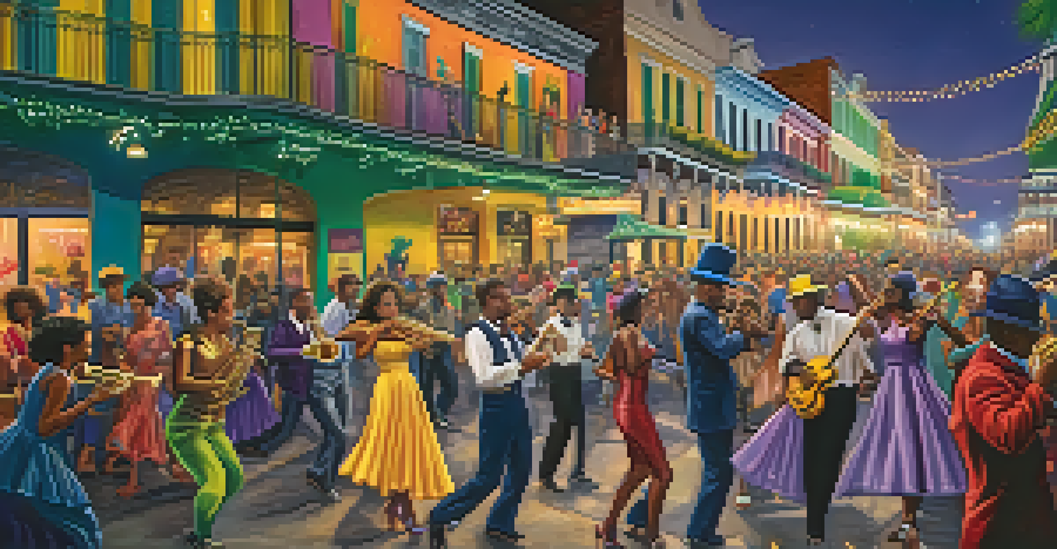 A street scene of dancers and musicians celebrating Mardi Gras, filled with vibrant costumes and joyful atmosphere.