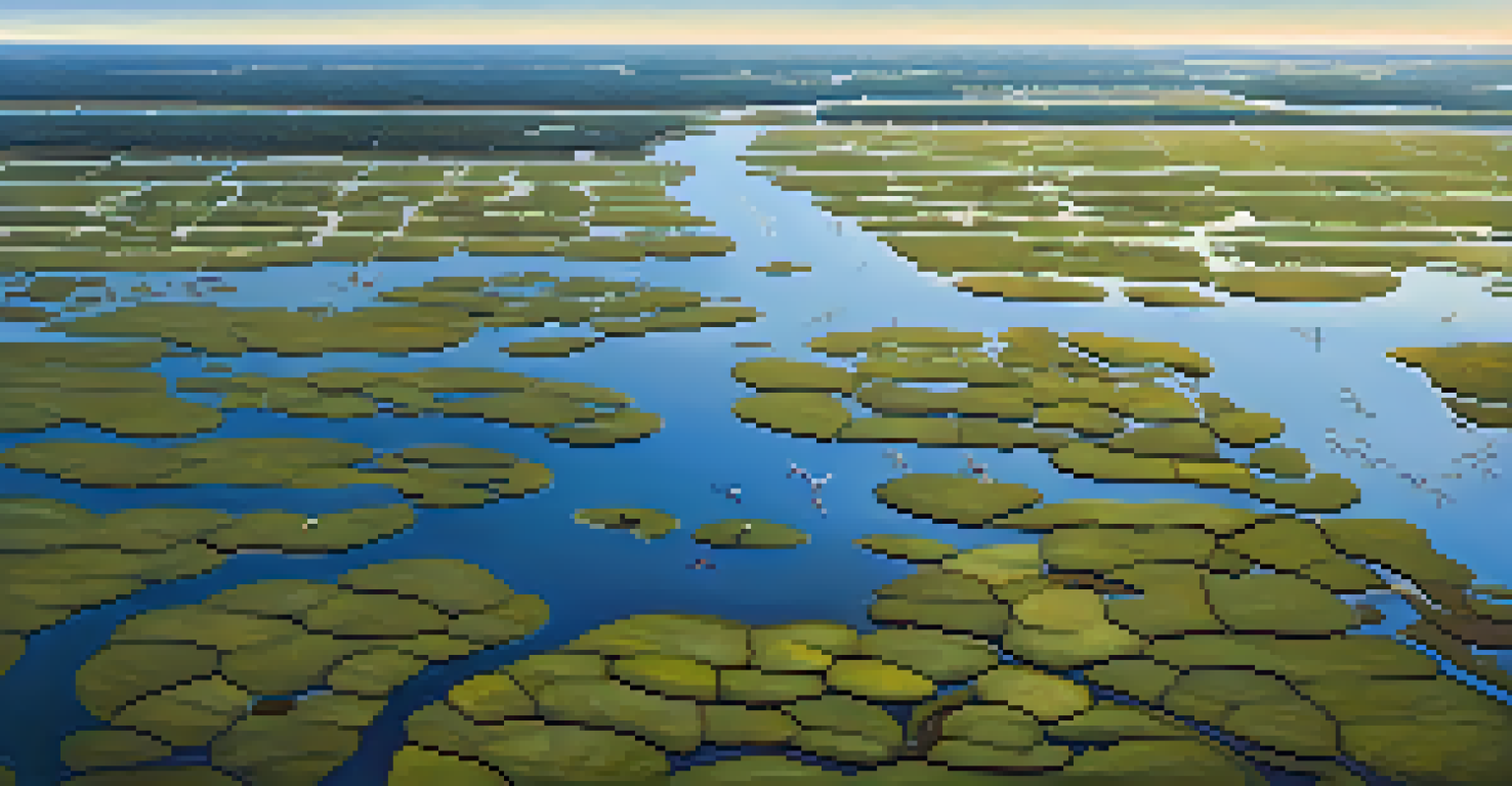 An aerial perspective of Louisiana's marshes, illustrating the intricate waterways and biodiversity, alongside evidence of human impact.