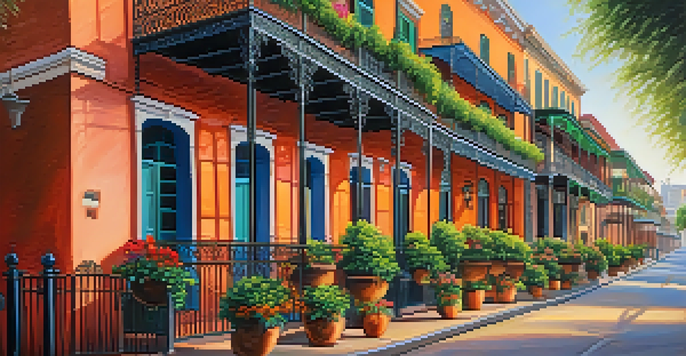 A scenic street in New Orleans featuring Spanish Colonial buildings with balconies and colorful facades, illuminated by a sunset.