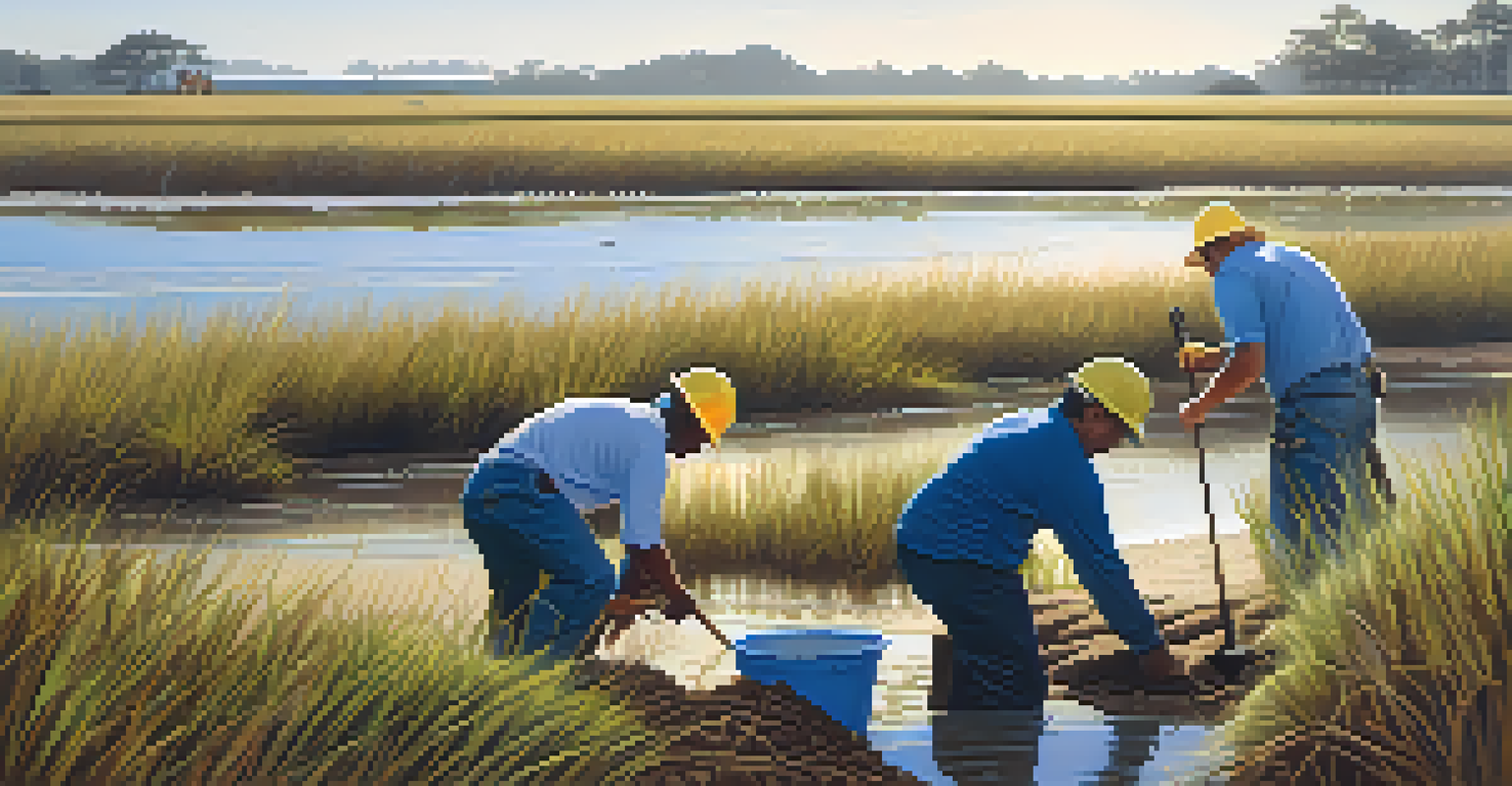 Workers planting native vegetation along a Louisiana shoreline as part of a coastal restoration project, with sunlight illuminating the scene.