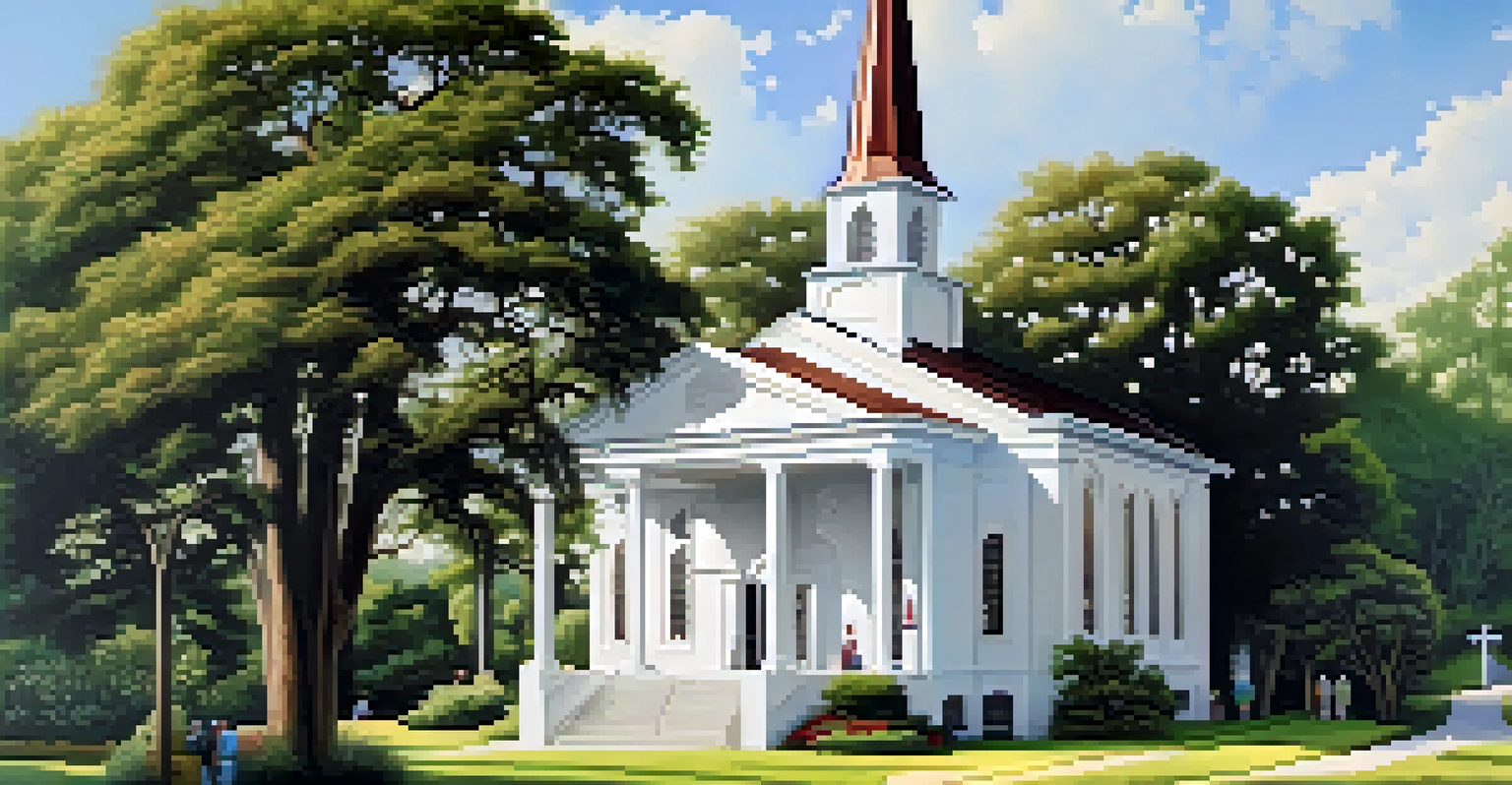 A peaceful Cajun church surrounded by greenery with families gathered outside, showcasing a community event.