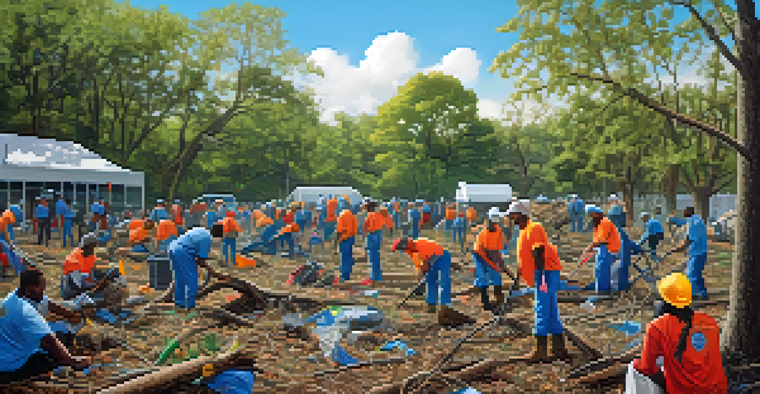 Volunteers participating in a cleanup event in Louisiana after a hurricane, working together to restore a community park.