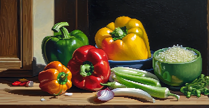 A kitchen with fresh onions, bell peppers, and celery on a wooden cutting board under warm lighting, with a cast-iron skillet in the background.