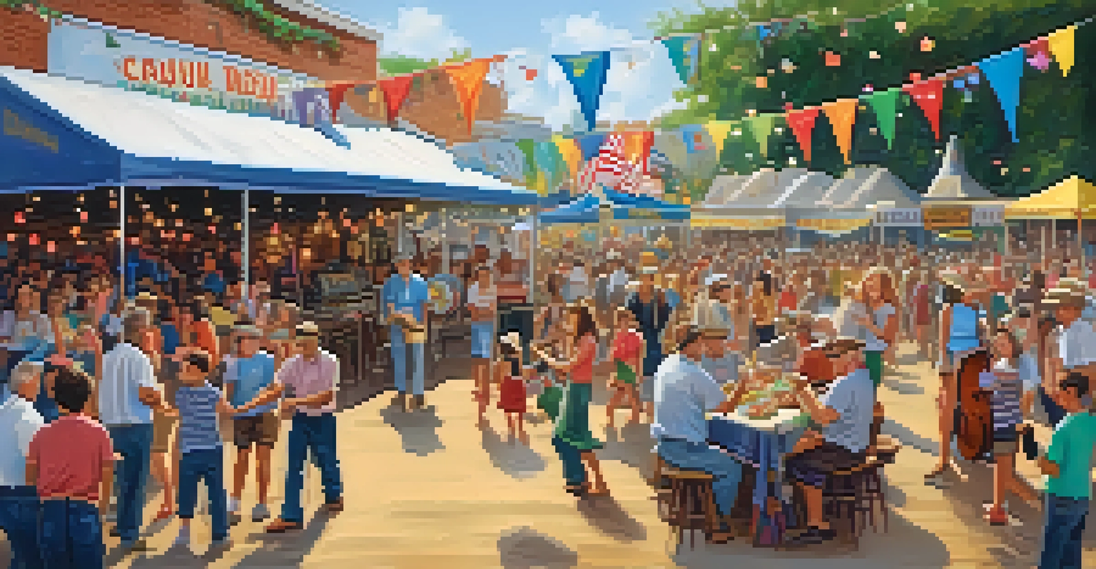 A vibrant Cajun festival with families dancing and enjoying food, colorful decorations, and a band performing in the background.