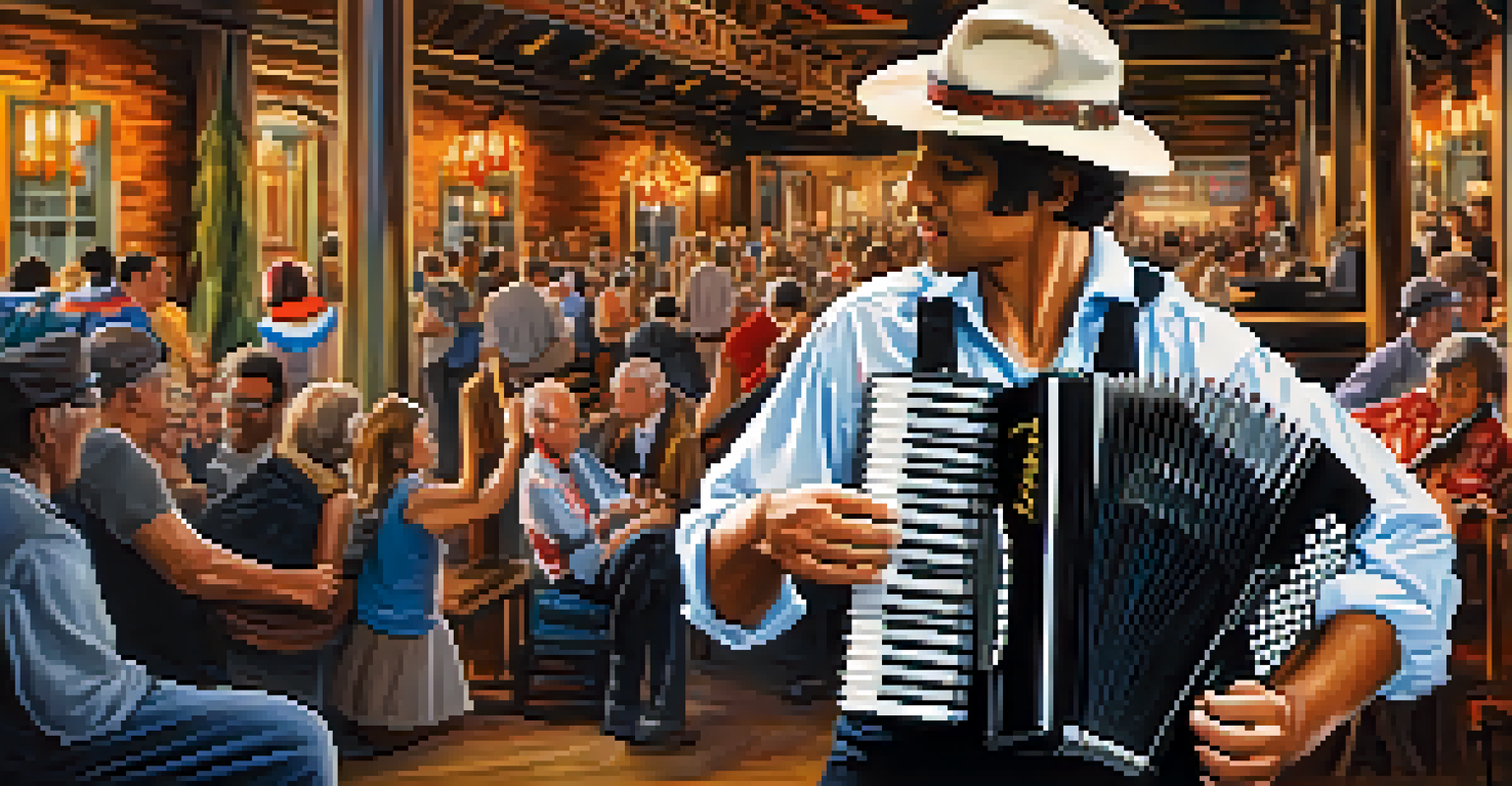 Close-up of a musician playing the accordion with a lively dance hall in the background.