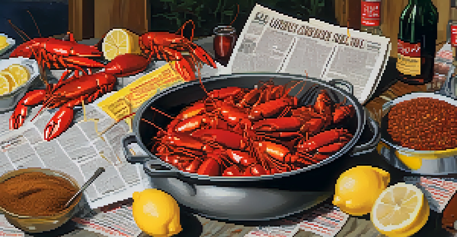 A close-up of a crawfish boil with a large pot of boiled crawfish, spices, lemon wedges, and dipping sauces on a table.