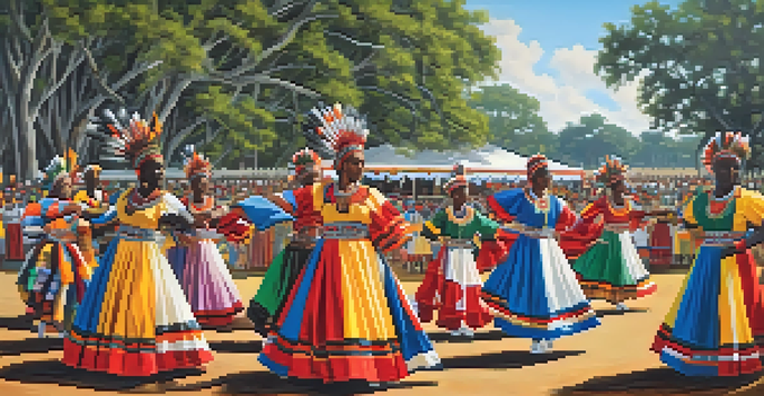 A cultural festival in Louisiana featuring diverse music and dance performers in traditional attire against a natural landscape.