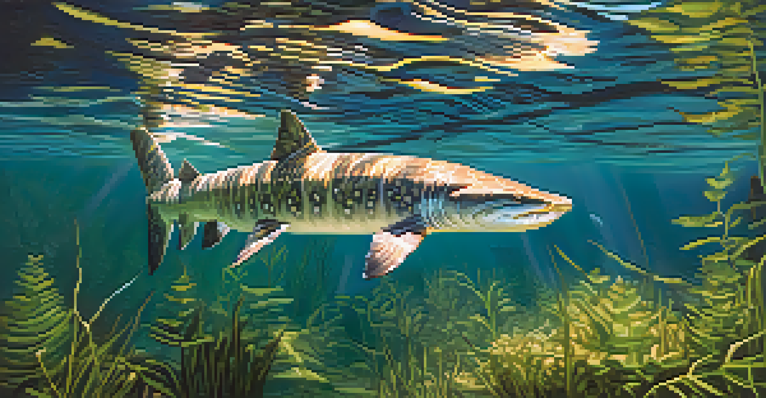 An underwater view of a Gulf sturgeon swimming in a river, with sunlight shining through the water and rich aquatic plants surrounding it.