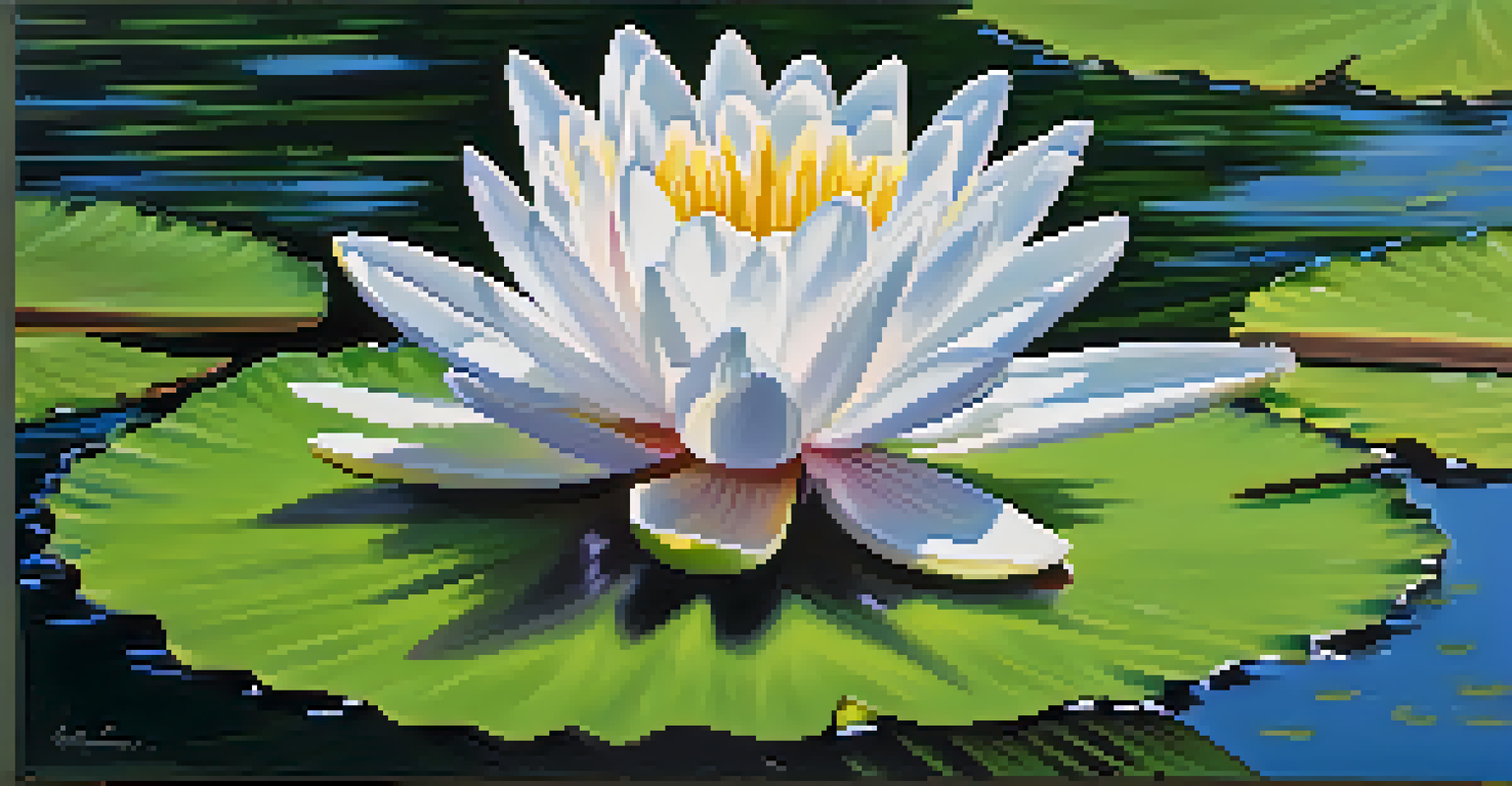 A close-up of a blooming water lily on a Louisiana swamp, with white petals and yellow centers, surrounded by green leaves and blurred cypress trees.