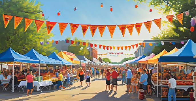 A lively scene at the Crawfish Festival with colorful food stalls, families enjoying crawfish dishes, and a band playing music in the background.