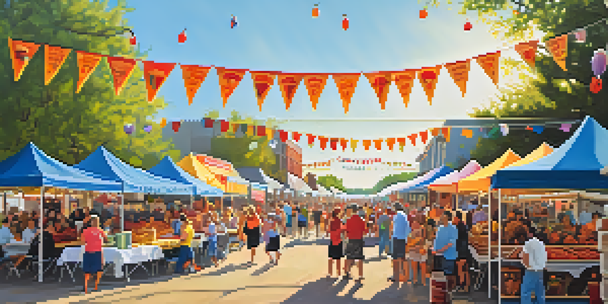 A lively scene at the Crawfish Festival with colorful food stalls, families enjoying crawfish dishes, and a band playing music in the background.