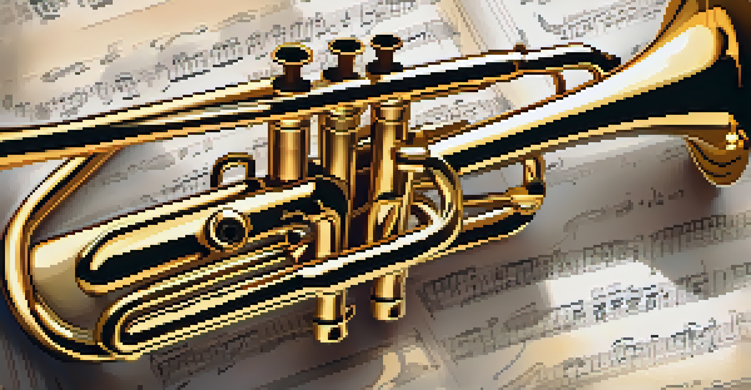 A close-up of a vintage trumpet on sheet music with sunlight illuminating the brass surface.