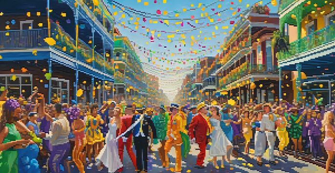 A bustling Mardi Gras parade in New Orleans with colorful floats and costumed revelers celebrating under a bright sky.