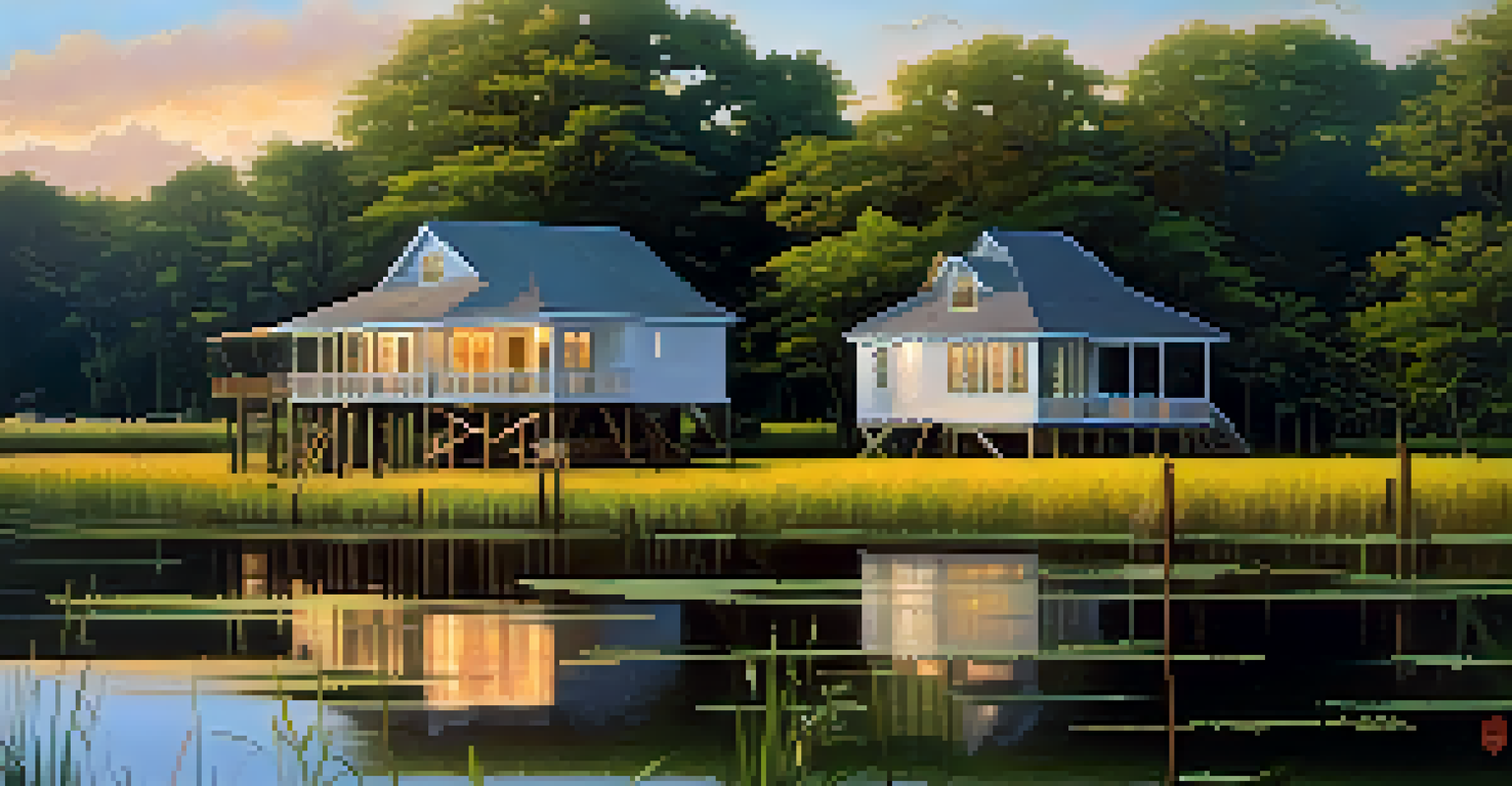 Elevated homes in Louisiana surrounded by greenery and wetlands, showcasing sustainable infrastructure against flooding.