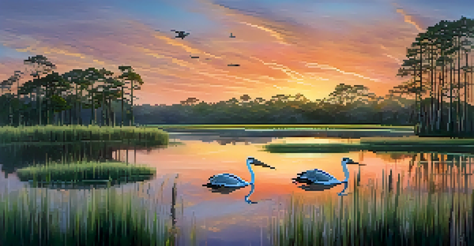 A picturesque scene of Louisiana wetlands at sunset with cypress trees and pelicans.